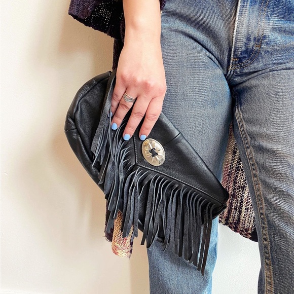 🌵NEW Black Leather Fringed Concho Clutch Gorgeous! - Picture 2 of 10